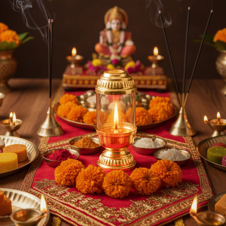 Pure Brass Akhand Jyoti Diya with Glass Cover & Adjustable Bati Knob | Windproof & Long-Lasting Diya