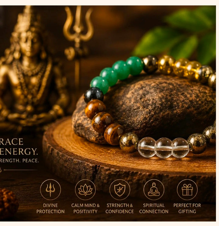 Dhanyog Bracelet Attracts Wealth, Prosperity - Pyrite, Tiger Eye, Citrine & Aventurine Beads