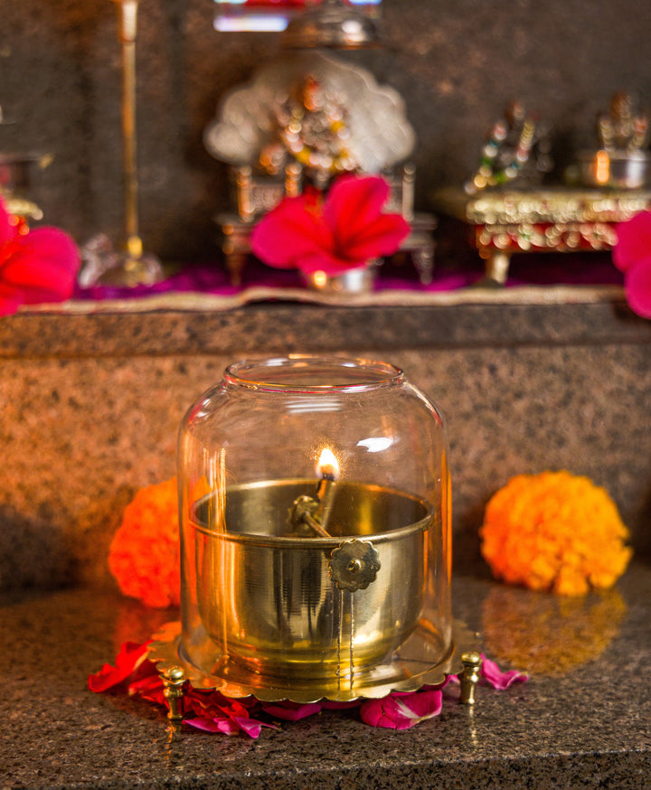 Pure Brass Akhand Jyoti Diya with Glass Cover & Adjustable Bati Knob | Windproof & Long-Lasting Diya