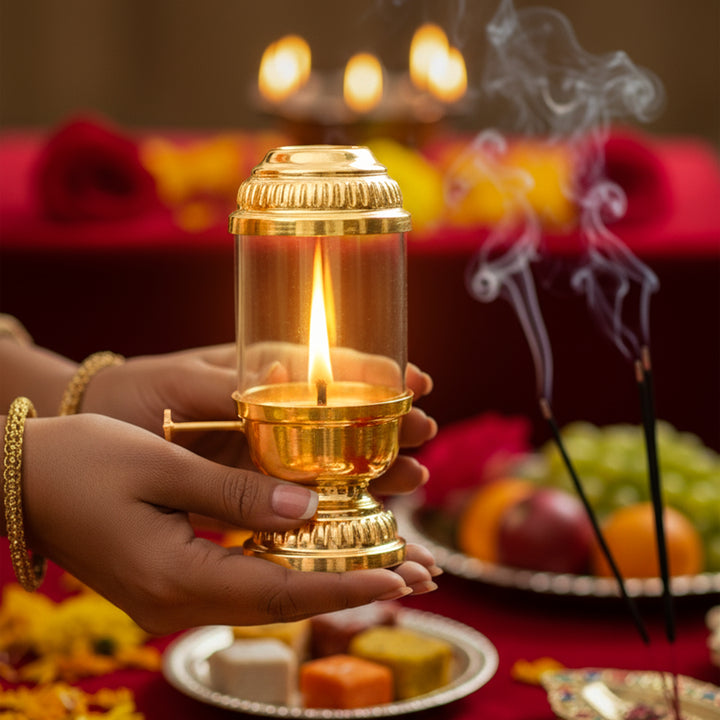 Pure Brass Akhand Jyoti Diya with Glass Cover & Adjustable Bati Knob | Windproof & Long-Lasting Diya
