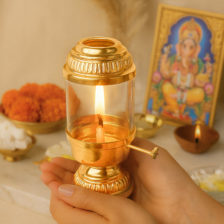 Pure Brass Akhand Jyoti Diya with Glass Cover & Adjustable Bati Knob | Windproof & Long-Lasting Diya